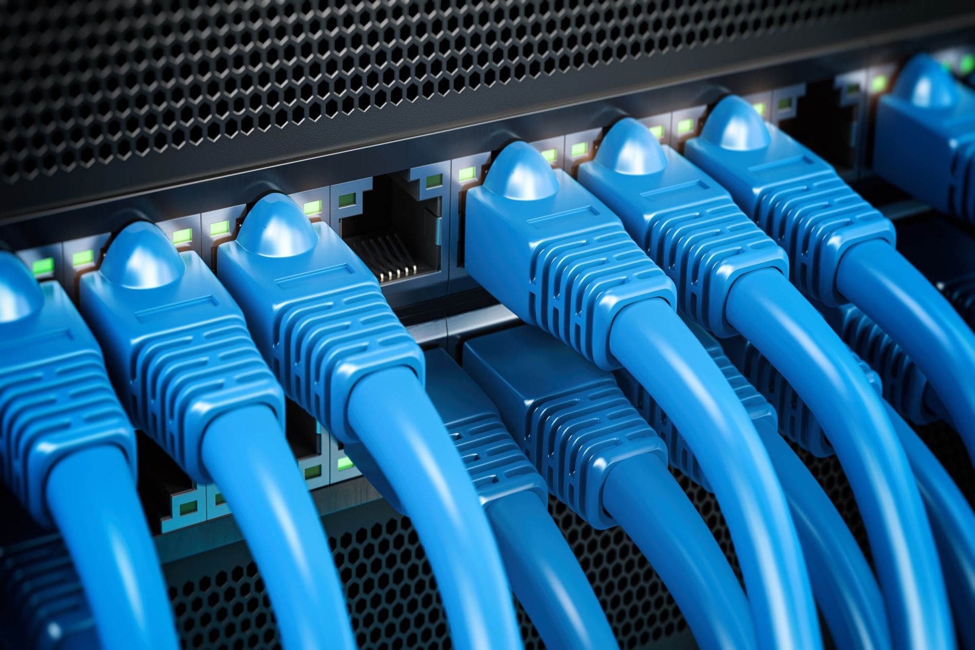 Network LAN internet cables connected in network switches. Server in data center. 3d illustration